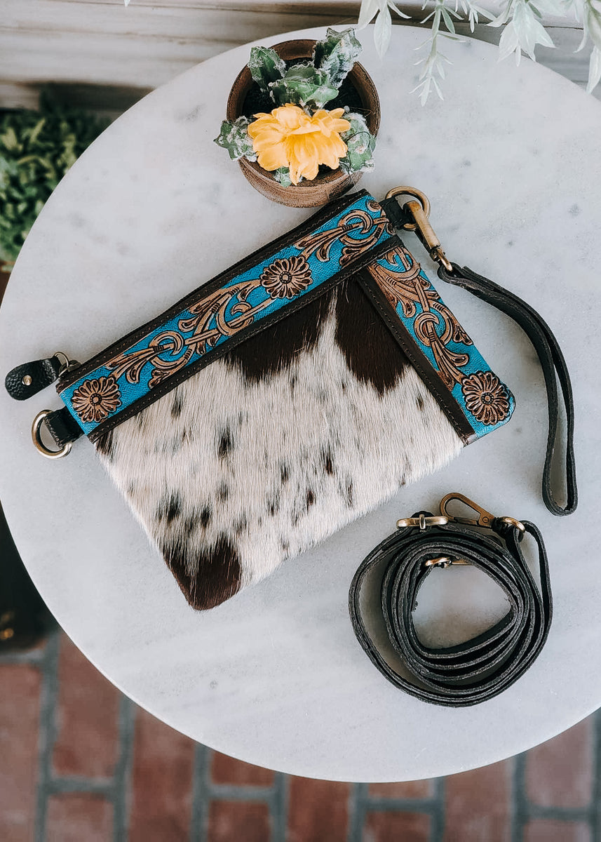 Cowhide purse- with tooled leather and real turquoise
