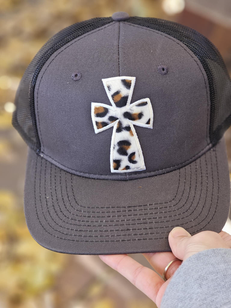 Leopard Cross Patch Black Trucker Hat patch trucker hat The Cinchy Cowgirl