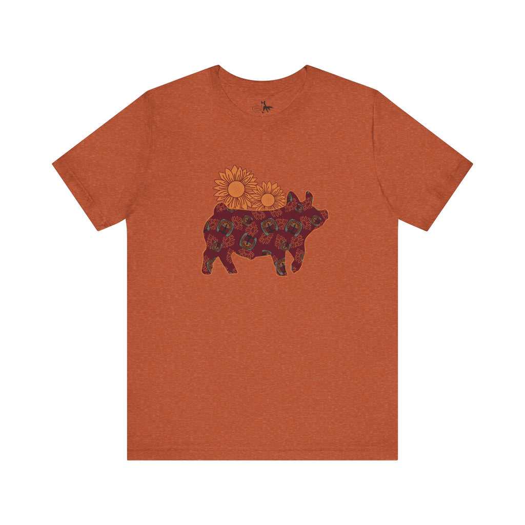 Burgundy Sunflower Show Pig Short Sleeve Graphic Tee T-Shirt Printify Heather Autumn XS