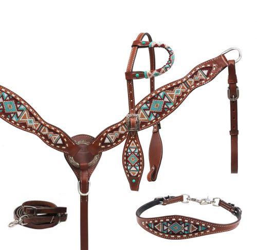 Southwestern Beaded White Buckstitch 4 Piece Headstall Set headstall set Shiloh   