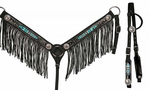 Black & Turquoise Nylon Fringe Headstall Set headstall set Shiloh   