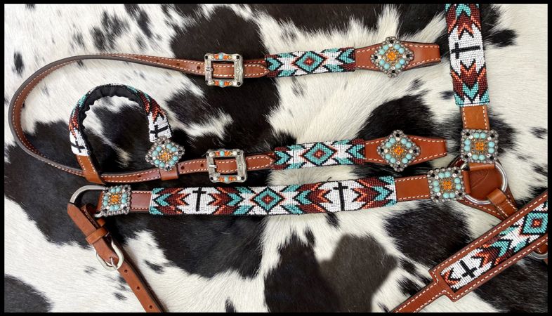 Beaded Cross Southwest 4 Piece Headstall Set headstall set Shiloh   