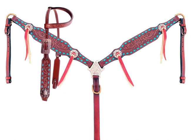 Pink & Teal Buck Stitch Headstall Set headstall set Shiloh   