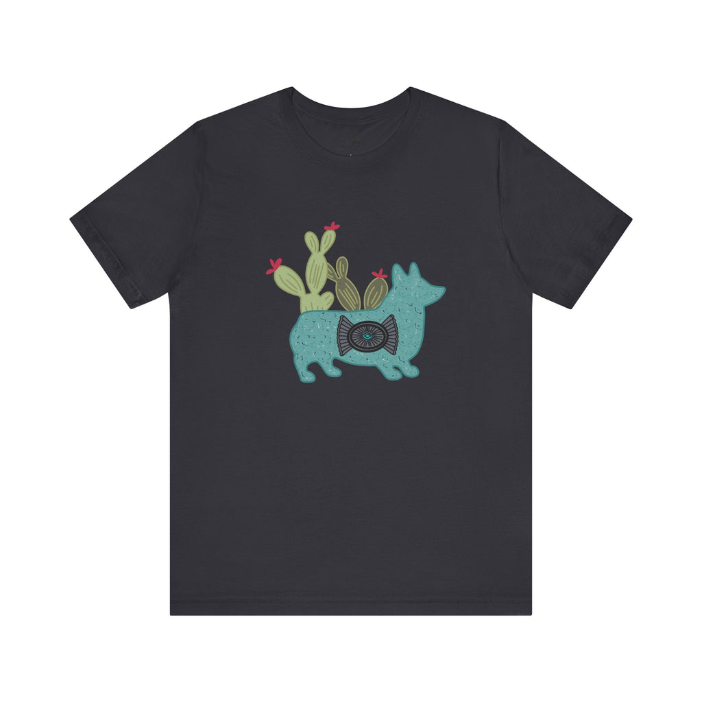 Turquoise Cactus Corgi Short Sleeve Graphic Tee [Multiple Colors] T-Shirt Printify Dark Grey XS