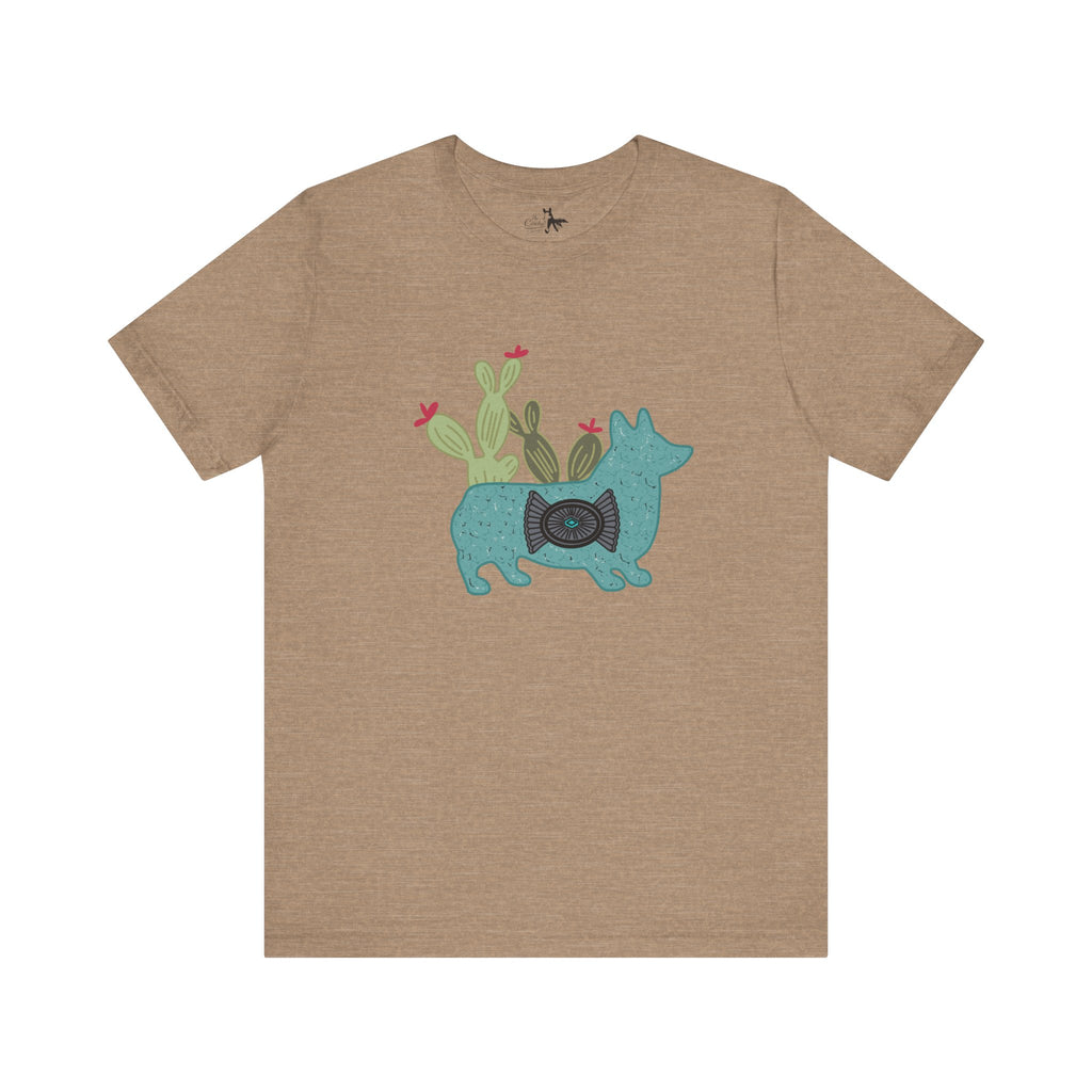 Turquoise Cactus Corgi Short Sleeve Graphic Tee [Multiple Colors] T-Shirt Printify Heather Tan XS