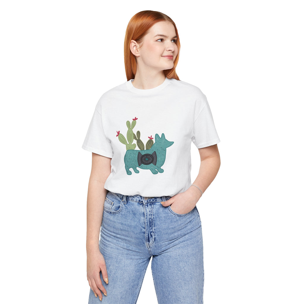 Turquoise Cactus Corgi Short Sleeve Graphic Tee [Multiple Colors] T-Shirt Printify