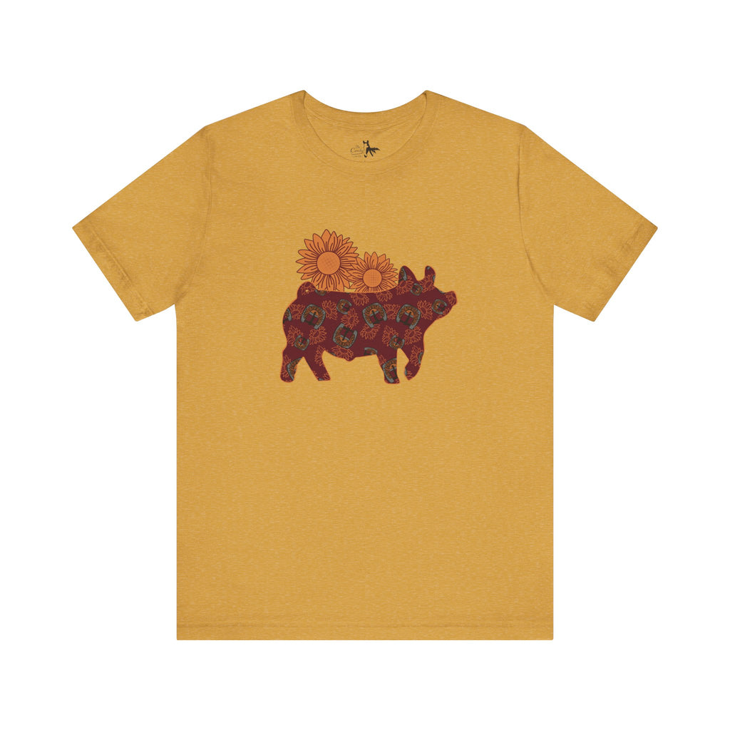 Burgundy Sunflower Show Pig Short Sleeve Graphic Tee T-Shirt Printify Heather Mustard XS