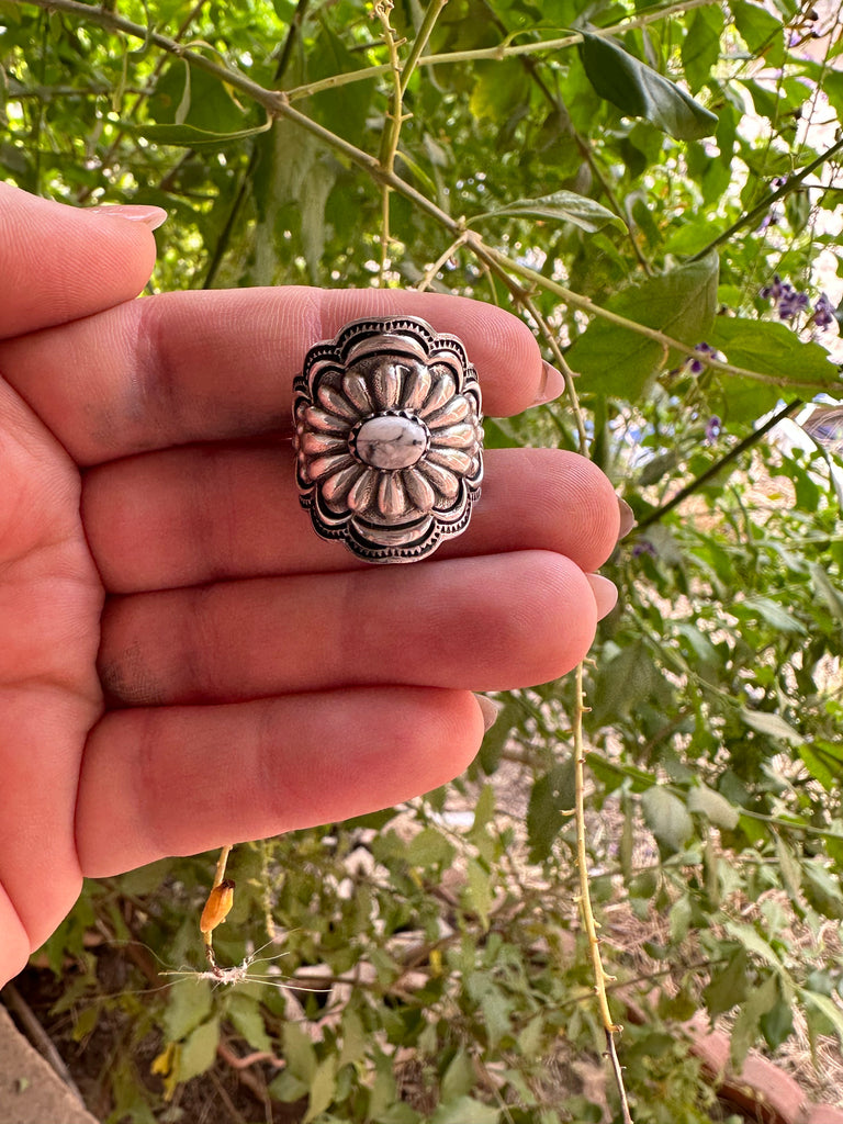 Beautiful Concho Handmade White Buffalo And Sterling Silver Adjustable Ring Jewelry & Watches:Ethnic, Regional & Tribal:Native American:Rings Nizhoni Traders LLC   