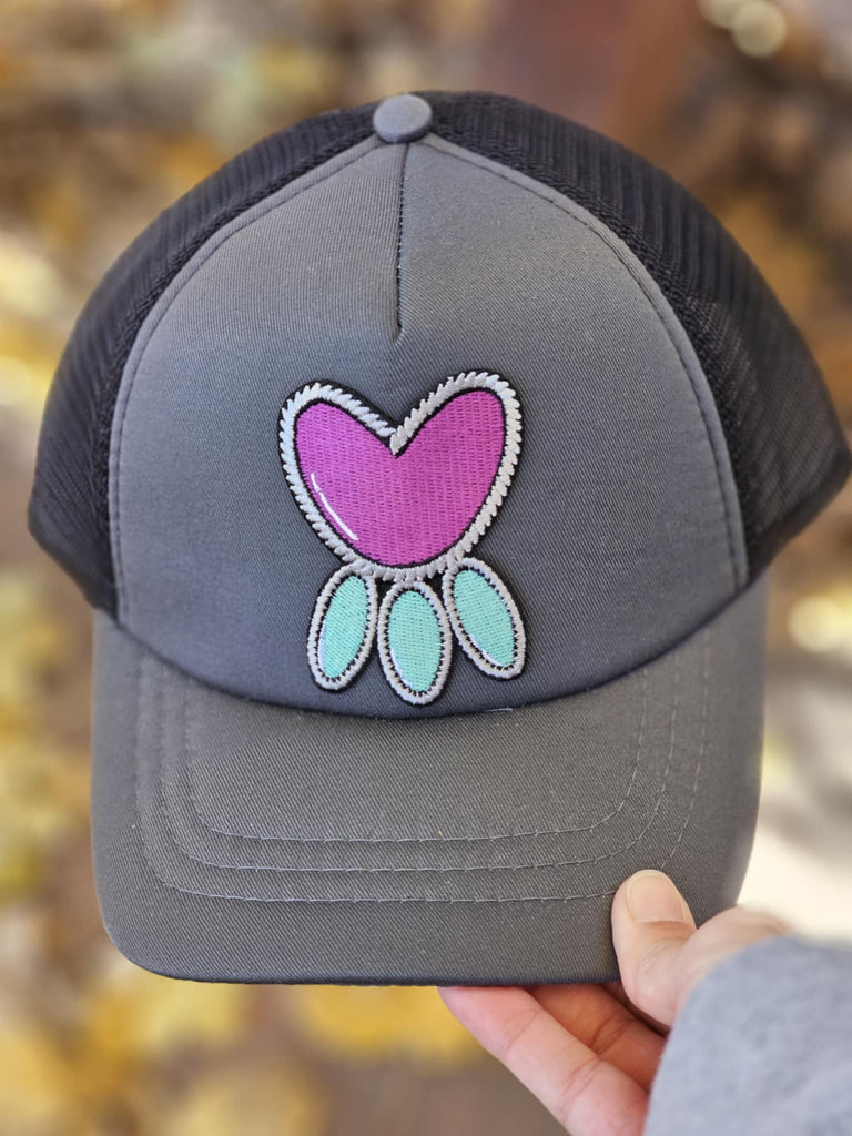 Two Toned Heart Patch Grey And Black Trucker Hat patch trucker hat The Cinchy Cowgirl