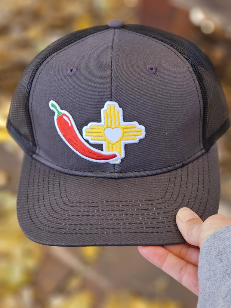 Red Chile And Yellow Zia Patch Grey Trucker Hat patch trucker hat The Cinchy Cowgirl