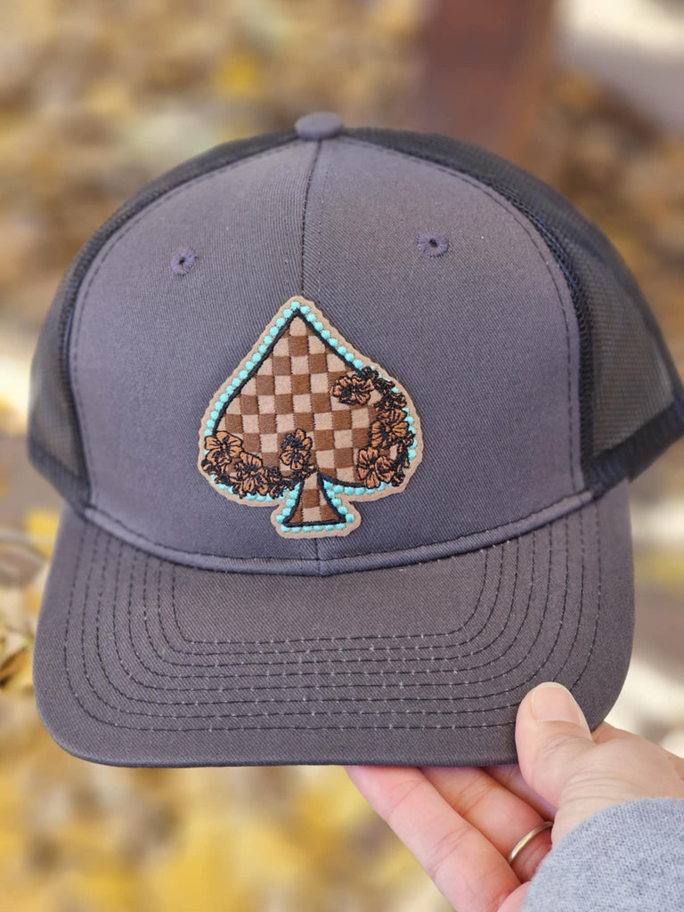 Checkered Spade Patch Grey Trucker Hat patch trucker hat The Cinchy Cowgirl