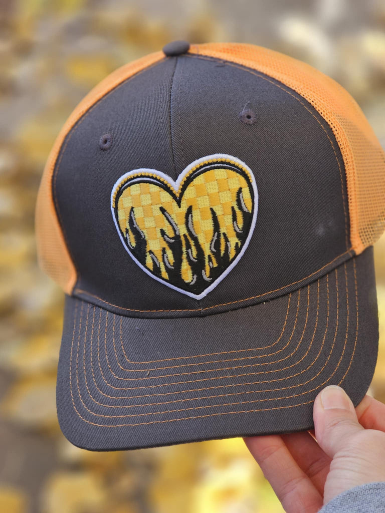 Flaming Yellow Heart Patch Trucker Hat patch trucker hat The Cinchy Cowgirl