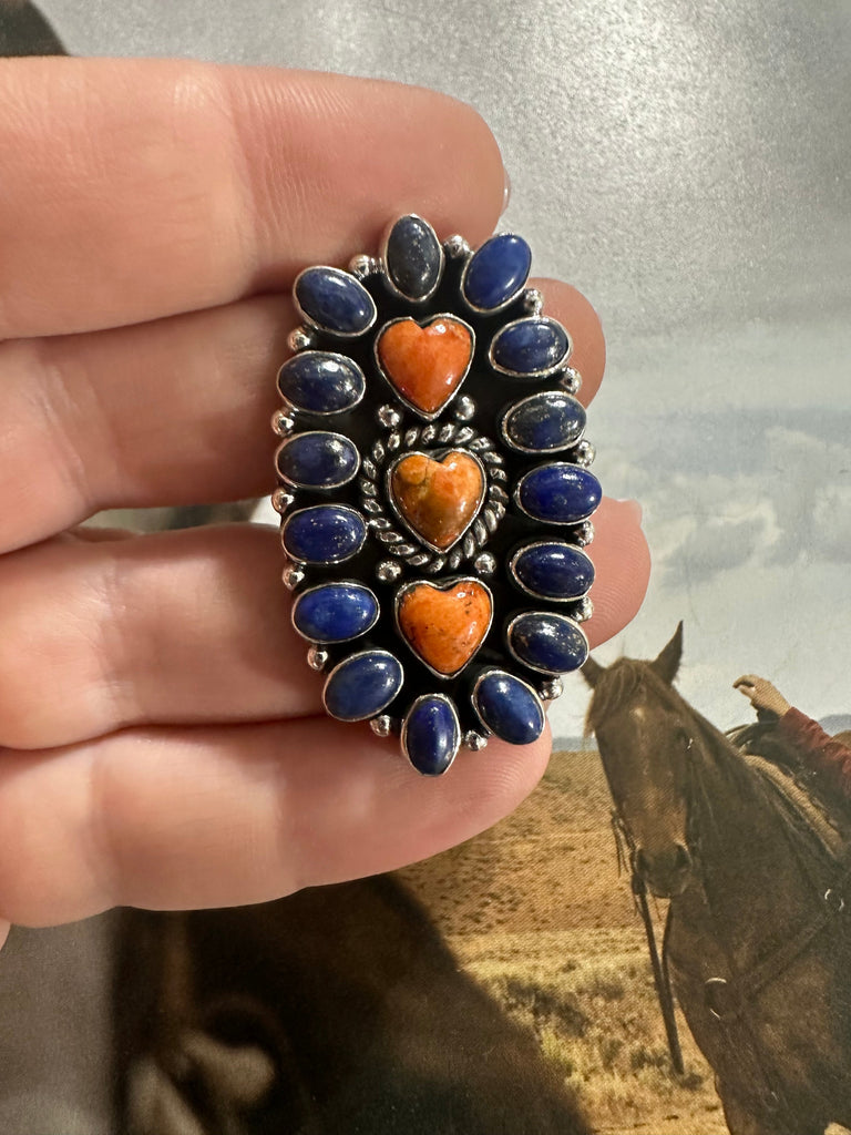 Handmade Orange Mojave, Lapis And Sterling Silver Adjustable Ring NT jewelry Nizhoni Traders LLC   