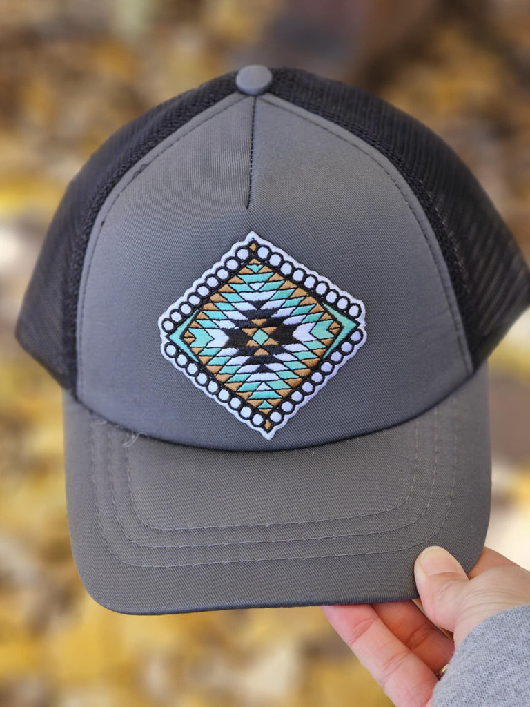 Aztec Diamond Grey And Black Trucker Hat patch trucker hat The Cinchy Cowgirl