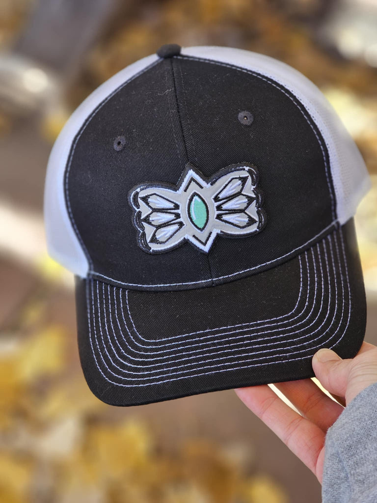 Grey And Turquoise Buckle Patch Black And White Trucker Hat patch trucker hat The Cinchy Cowgirl