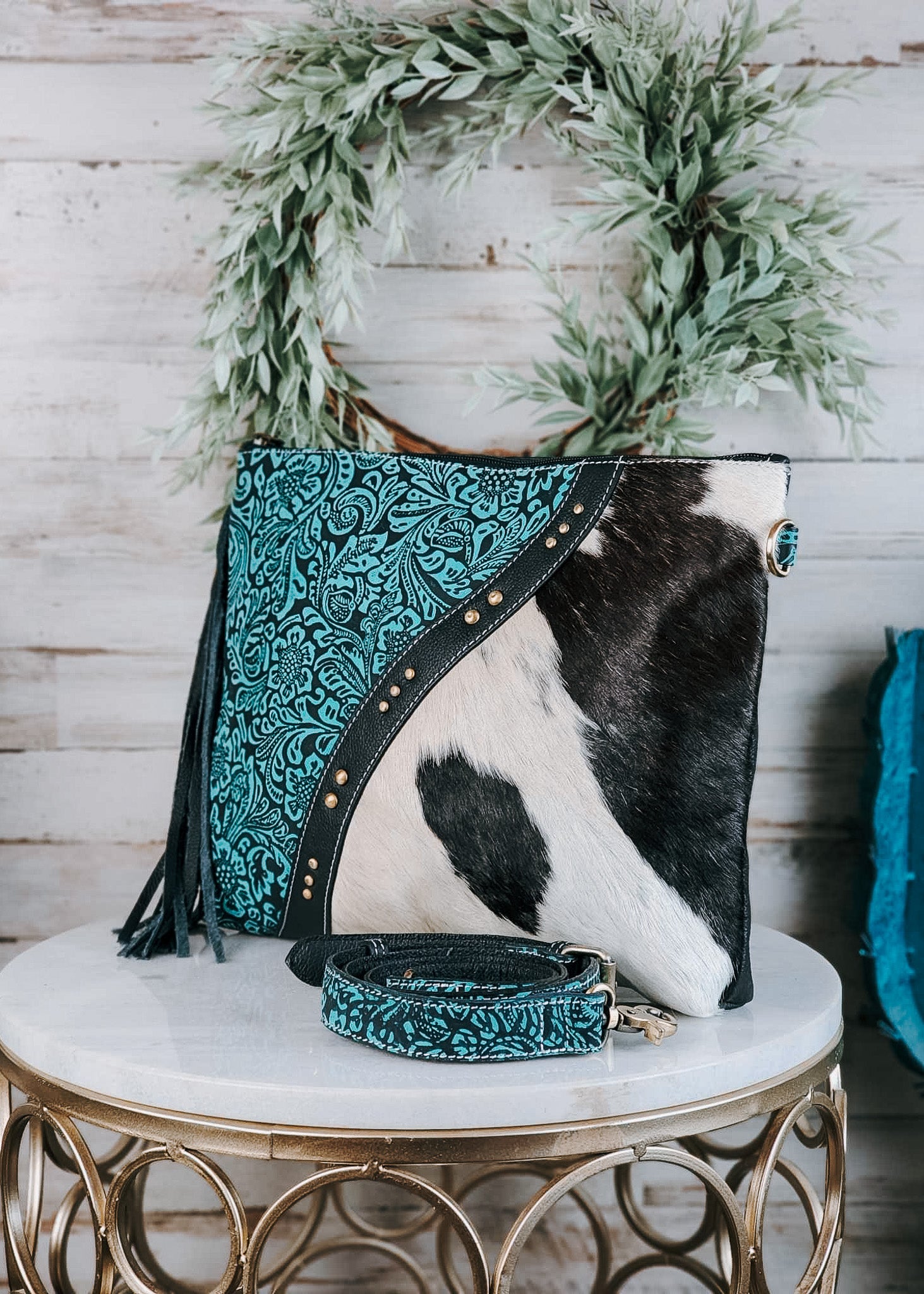 Turquoise, Cowhide, Tooled Leather With Cow Skull - Southwestern Style |  Throw Pillow