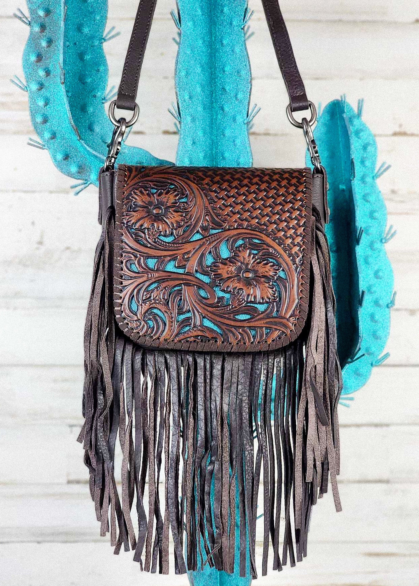 WESTERN FRINGE CROSSBODY Purse Western Tooled Black Leather 