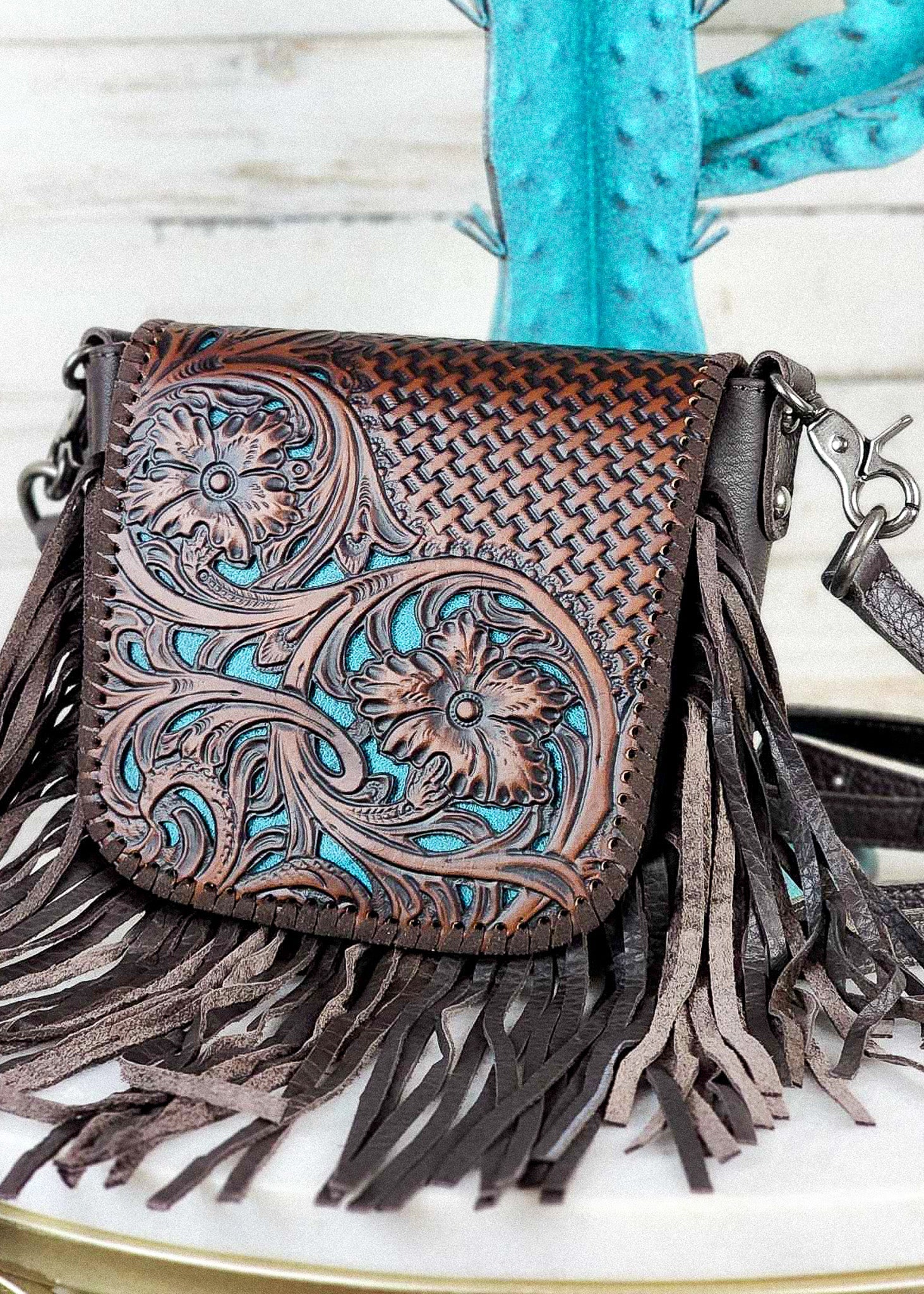 WESTERN FRINGE CROSSBODY Purse Western Tooled Black Leather 