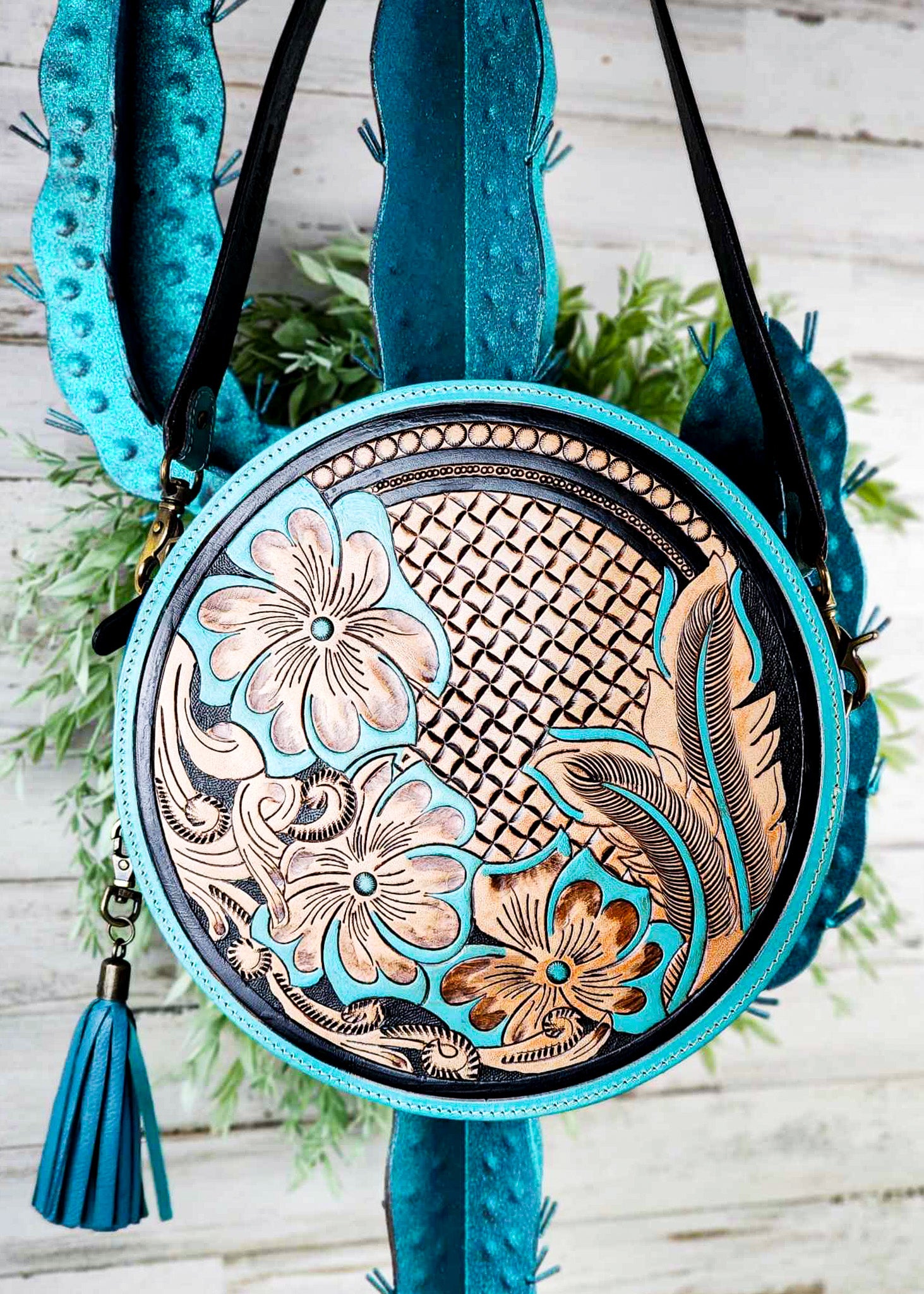 Turquoise Leather Bag with Fringes - Small & Round