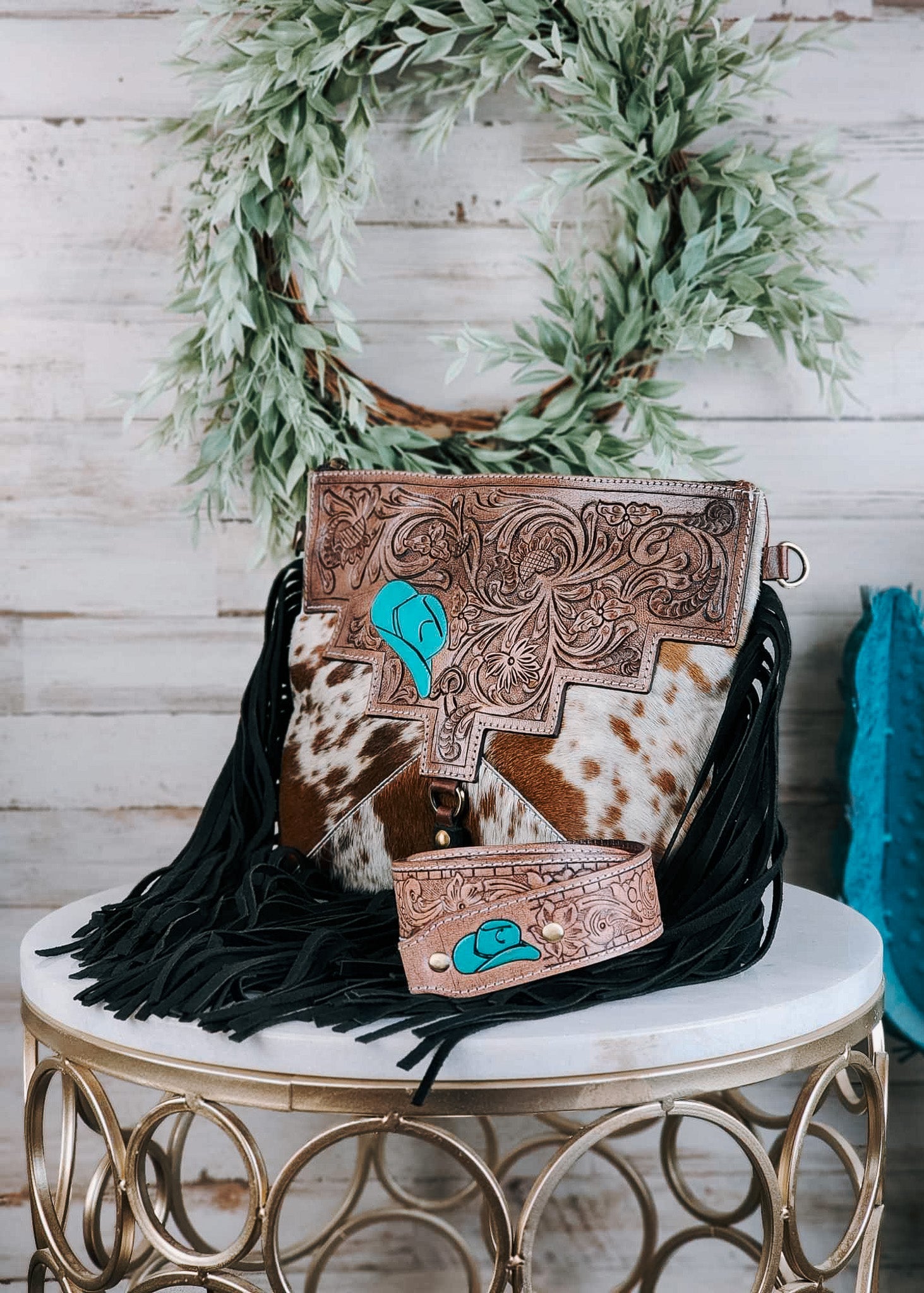 Turquoise, Cowhide, Tooled Leather With Cow Skull - Southwestern Style |  Throw Pillow