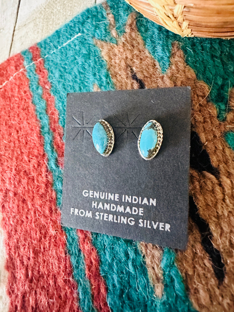 Navajo Turquoise and Sterling Silver Marquise Stud Earrings Nizhoni Traders LLC