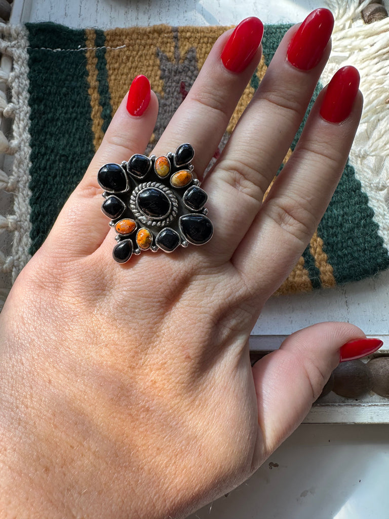 Beautiful Handmade Black Onyx, Bumble Bee & Sterling Silver Adjustable Ring Signed Nizhoni Jewelry & Watches:Ethnic, Regional & Tribal:Native American:Rings Nizhoni Traders LLC   