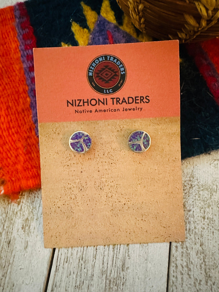 Zuni Purple Opal & Sterling Silver Inlay Stud Earrings NT jewelry Nizhoni Traders LLC   