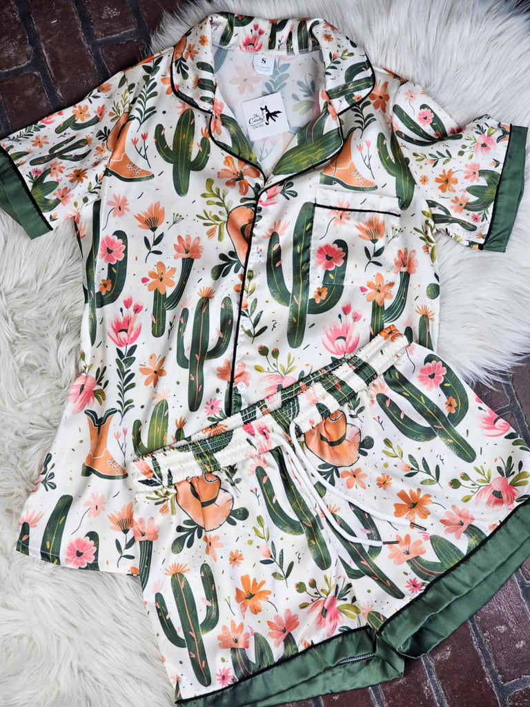 Green Cactus & Boots Silky Shorts Pajamas silky pajamas - shorts The Cinchy Cowgirl (YC)