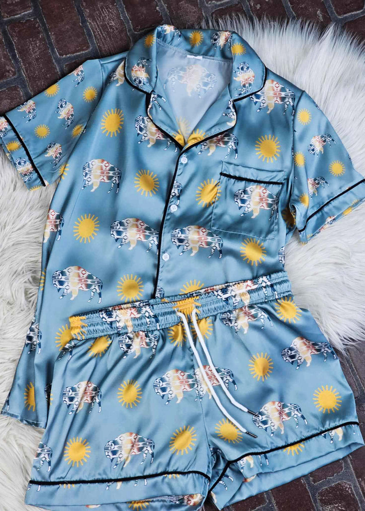 Teal Buffalo Silky Shorts Pajamas silky pajamas - shorts The Cinchy Cowgirl (YC)