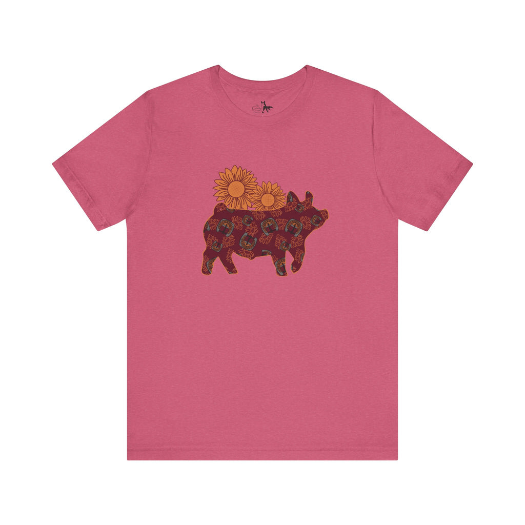 Burgundy Sunflower Show Pig Short Sleeve Graphic Tee T-Shirt Printify Heather Raspberry XS