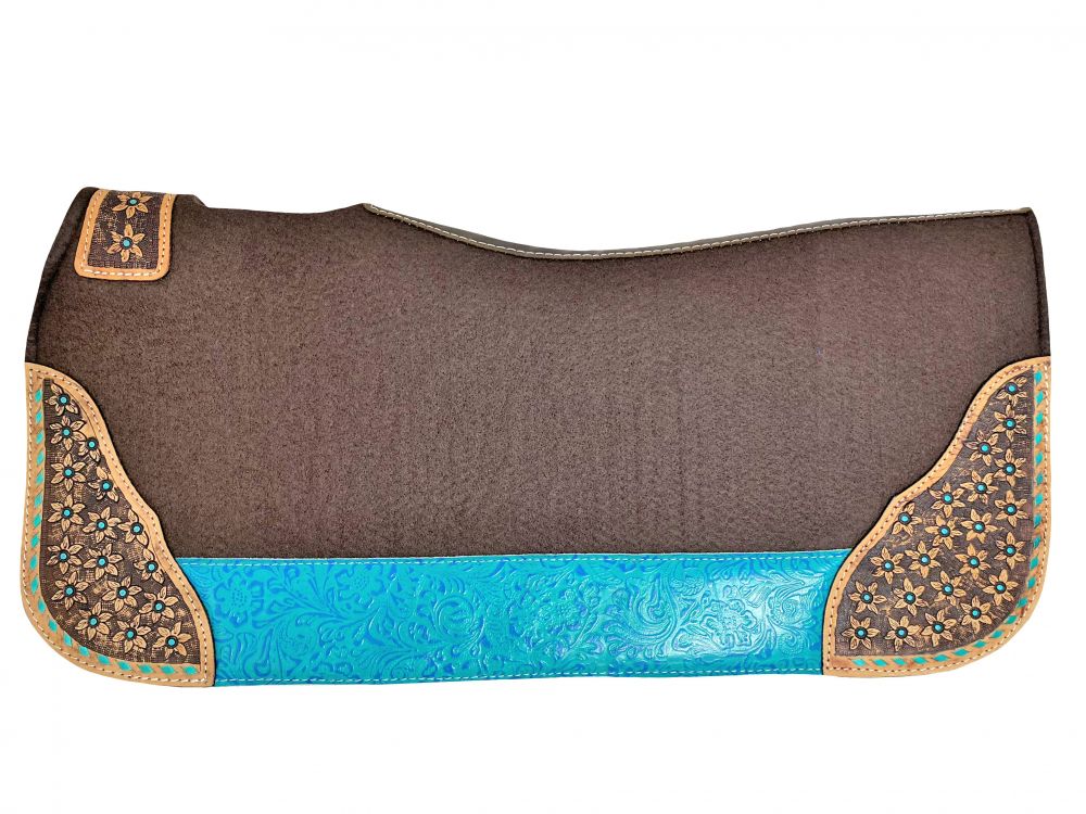 Teal Accented Floral Tooling Felt Saddle Pad western saddle pad Shiloh   