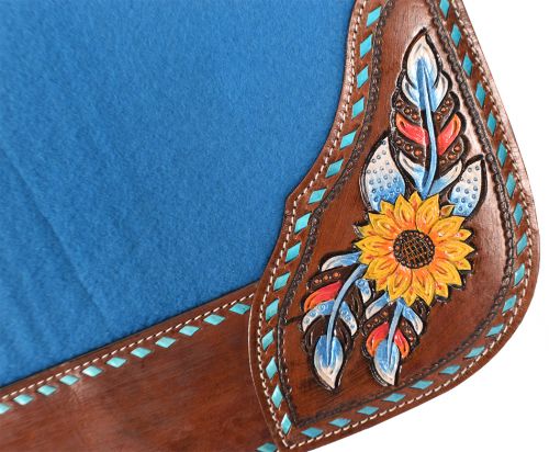 Turquoise Felt Painted Sunflower, Feather, & Star Design Saddle Pad western saddle pad Shiloh   