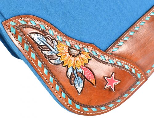 Turquoise Felt Painted Sunflower, Feather, & Star Design Saddle Pad western saddle pad Shiloh   