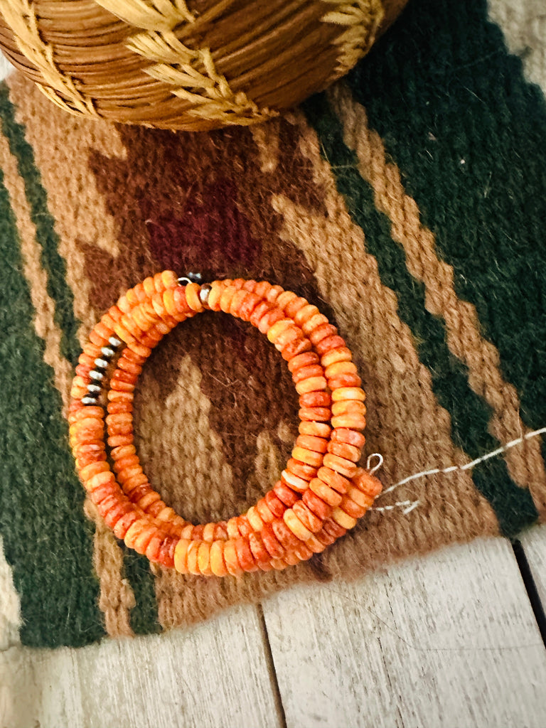 Navajo Orange Spiny Oyster Shell & Sterling Silver Pearl Beaded Wrap Bracelet NT jewelry Nizhoni Traders LLC   