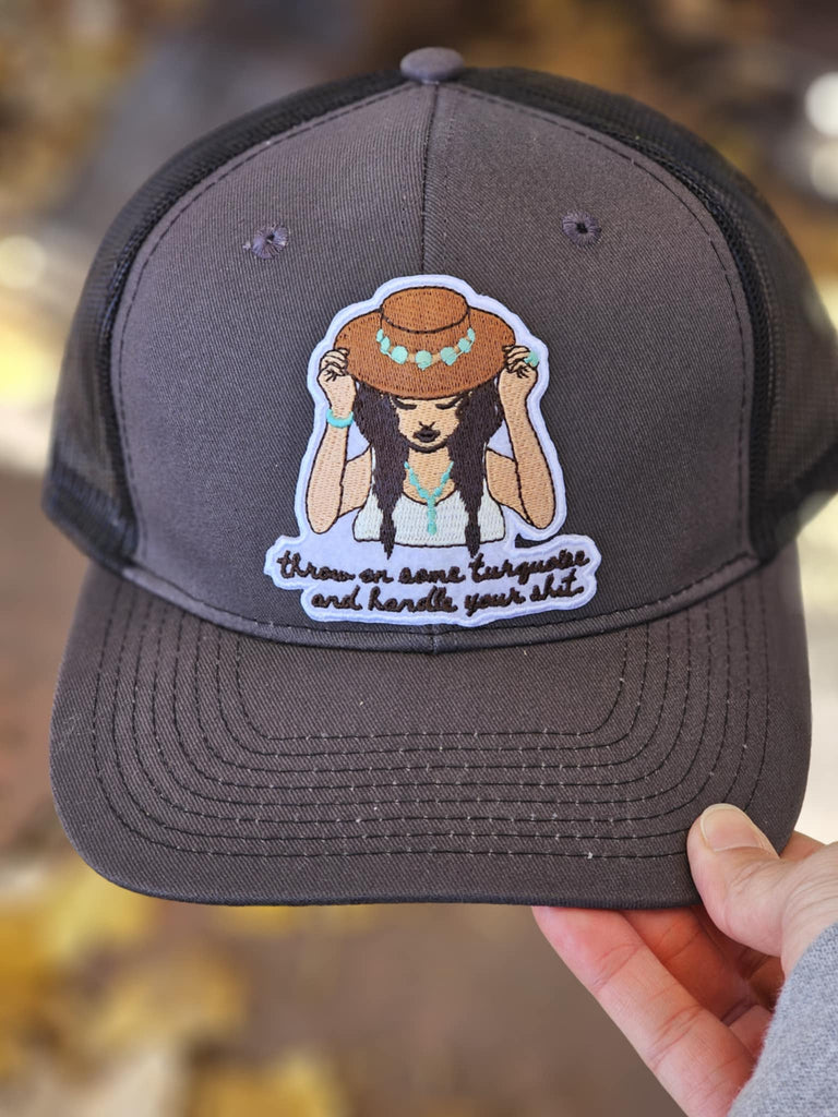 Throw On Some Turquoise Patch Grey Trucker Hat patch trucker hat The Cinchy Cowgirl