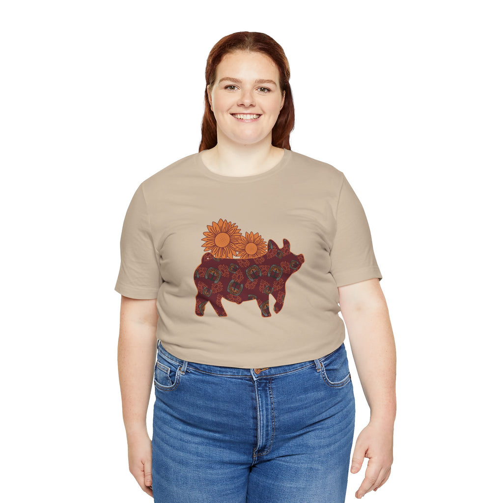 Burgundy Sunflower Show Pig Short Sleeve Graphic Tee T-Shirt Printify