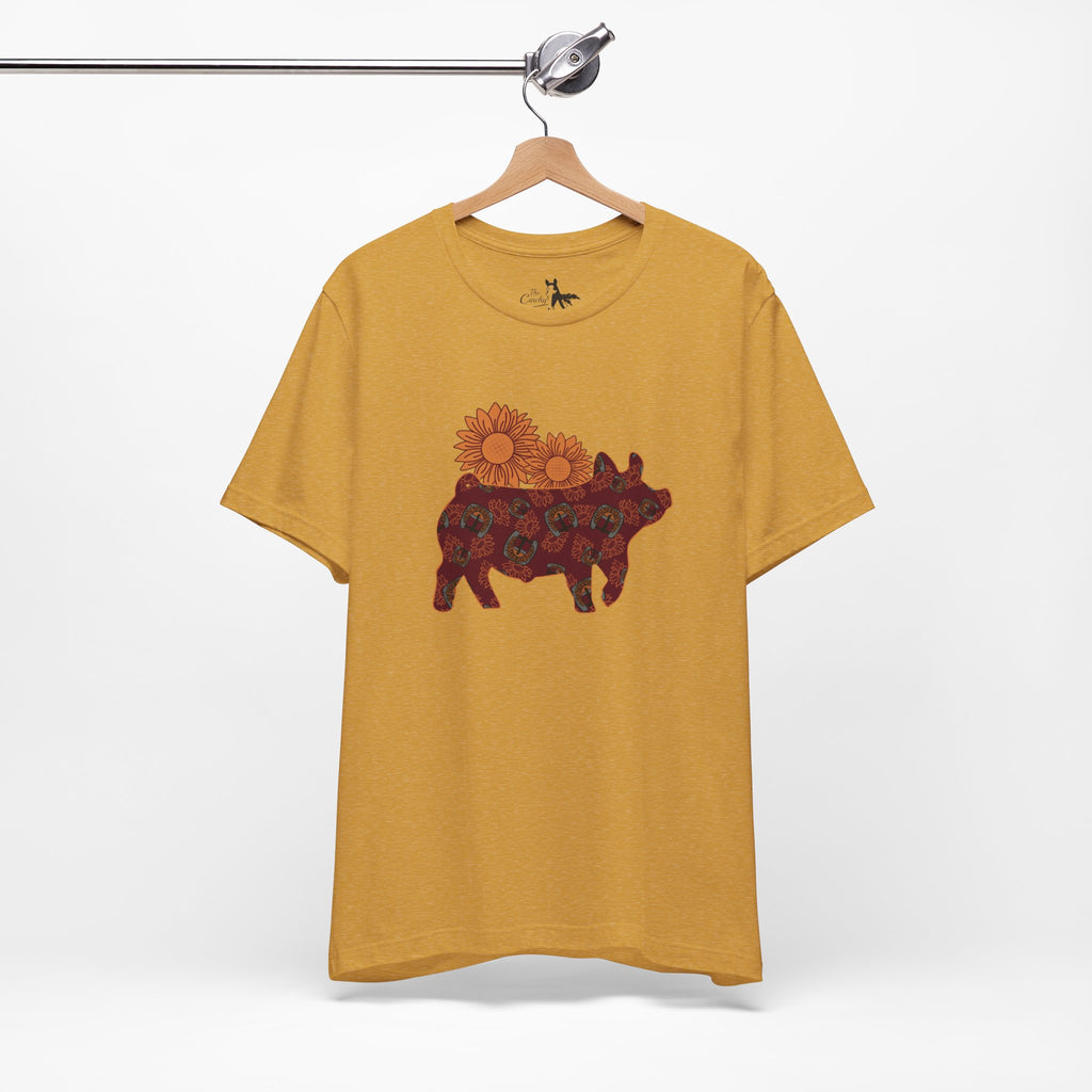 Burgundy Sunflower Show Pig Short Sleeve Graphic Tee T-Shirt Printify