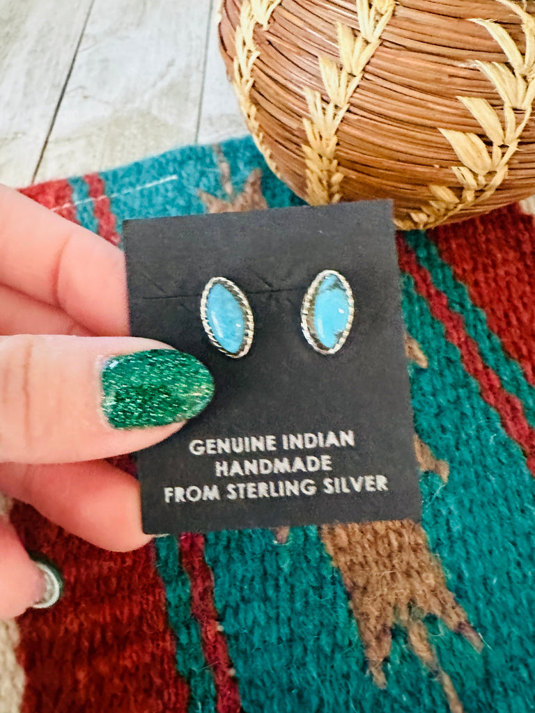 Navajo Turquoise and Sterling Silver Marquise Stud Earrings Nizhoni Traders LLC