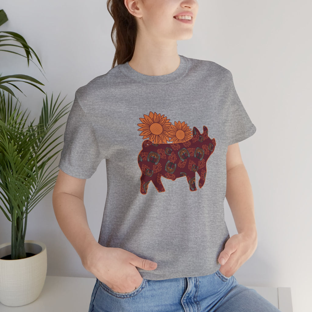 Burgundy Sunflower Show Pig Short Sleeve Graphic Tee T-Shirt Printify