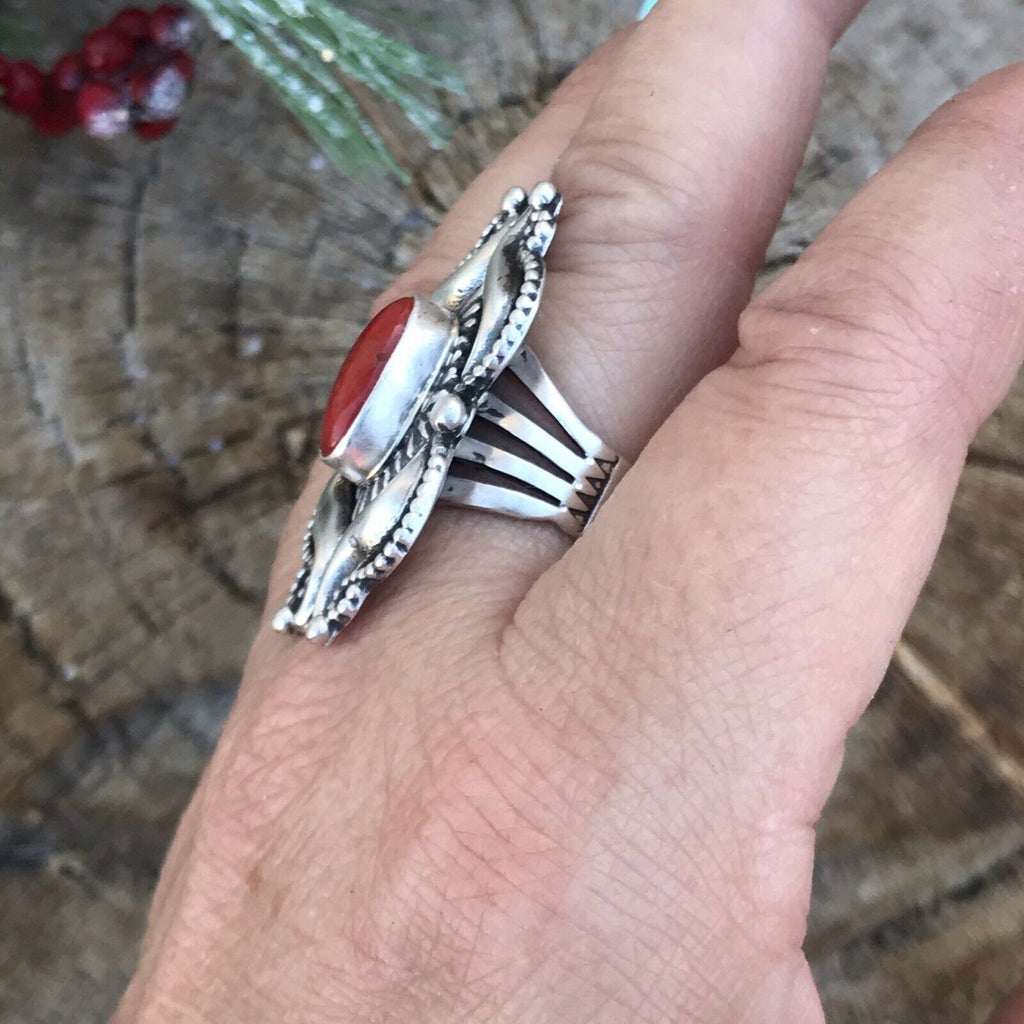 Southwestern Coral Fire Ring NT jewelry Nizhoni Traders LLC   