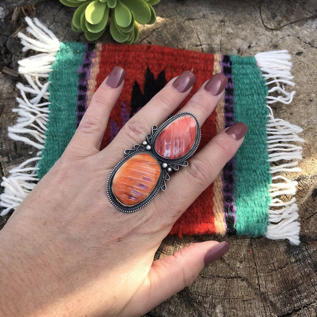 Orange Spiny Oyster Stacked Concho Ring NT jewelry Nizhoni Traders LLC   