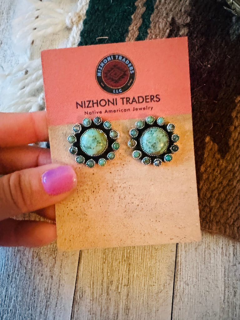 Navajo Sterling Silver & Turquoise Cluster Post Earrings NT jewelry Nizhoni Traders LLC   