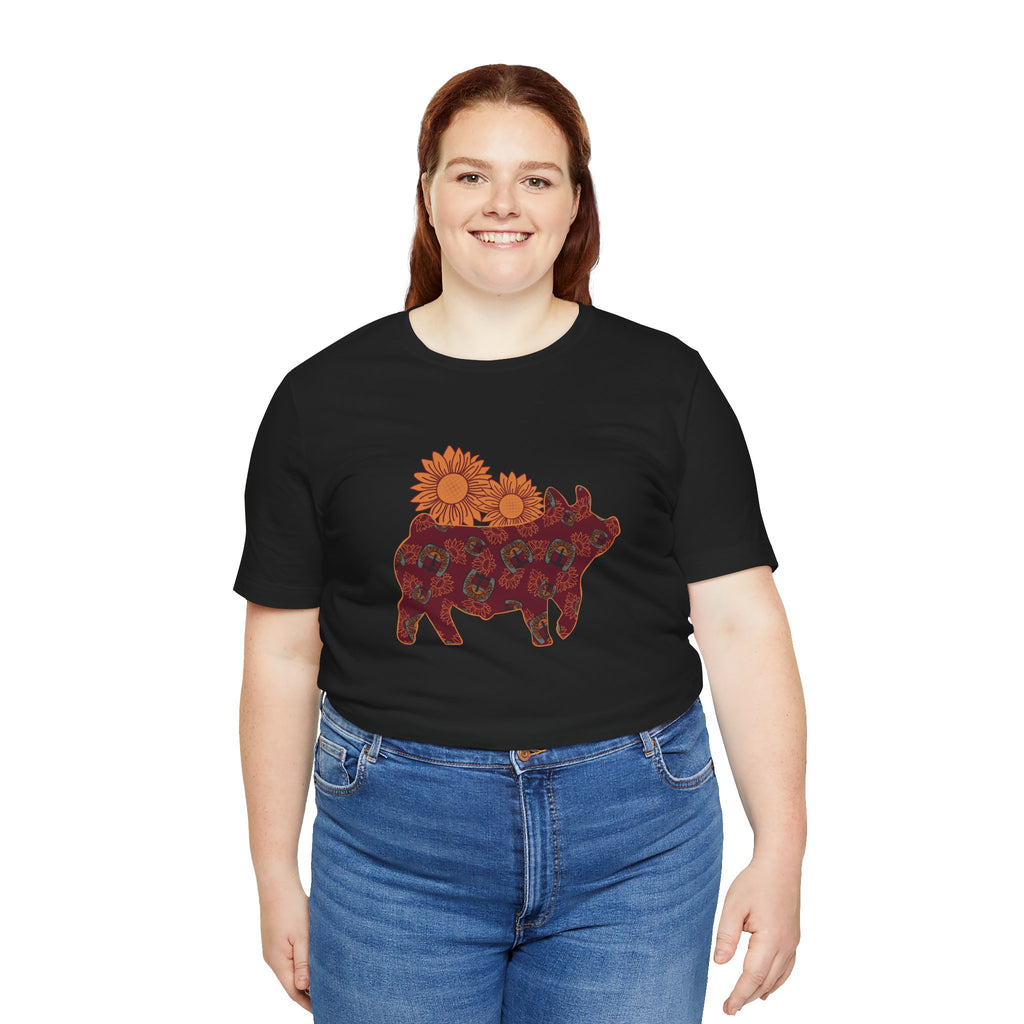 Burgundy Sunflower Show Pig Short Sleeve Graphic Tee T-Shirt Printify