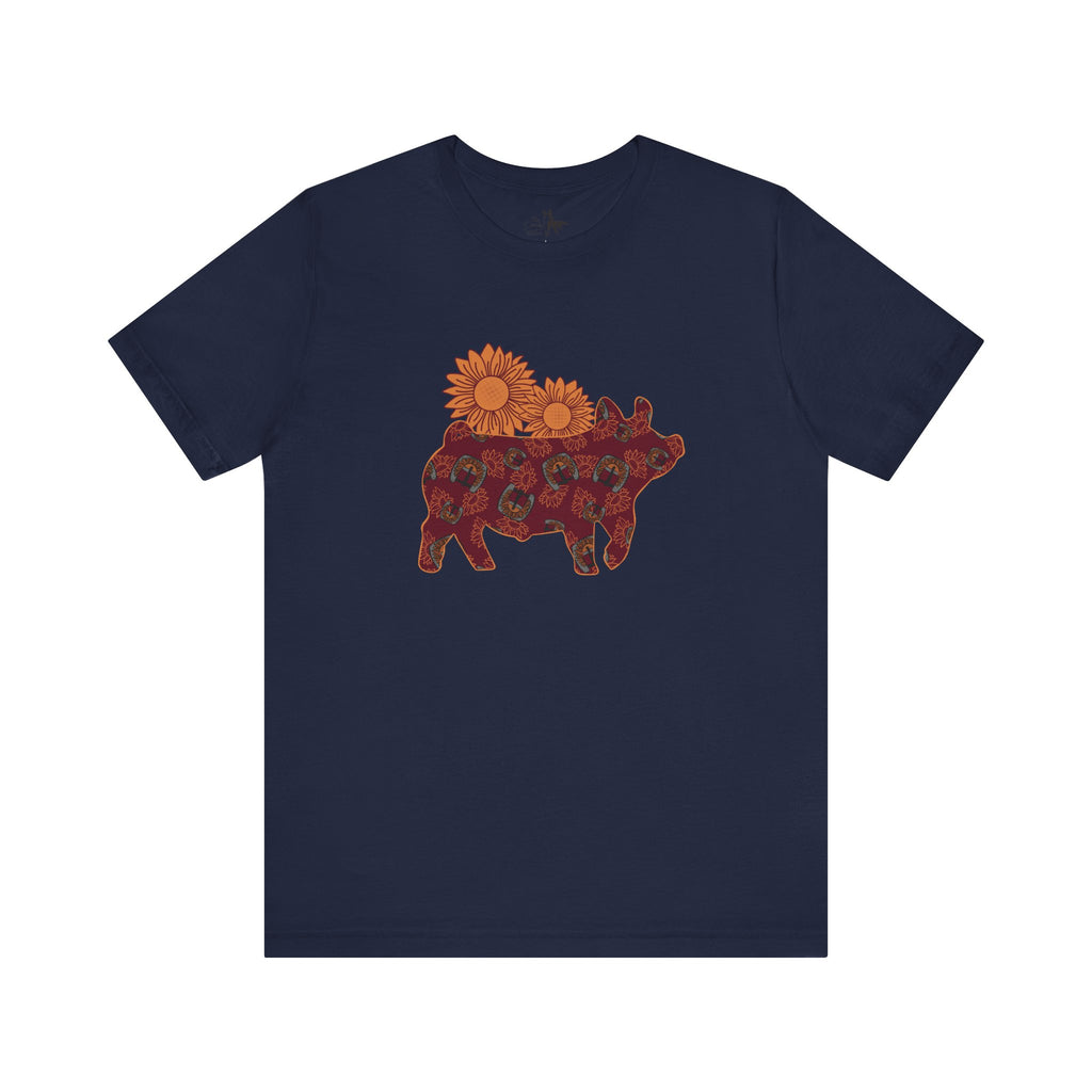 Burgundy Sunflower Show Pig Short Sleeve Graphic Tee T-Shirt Printify Navy XS