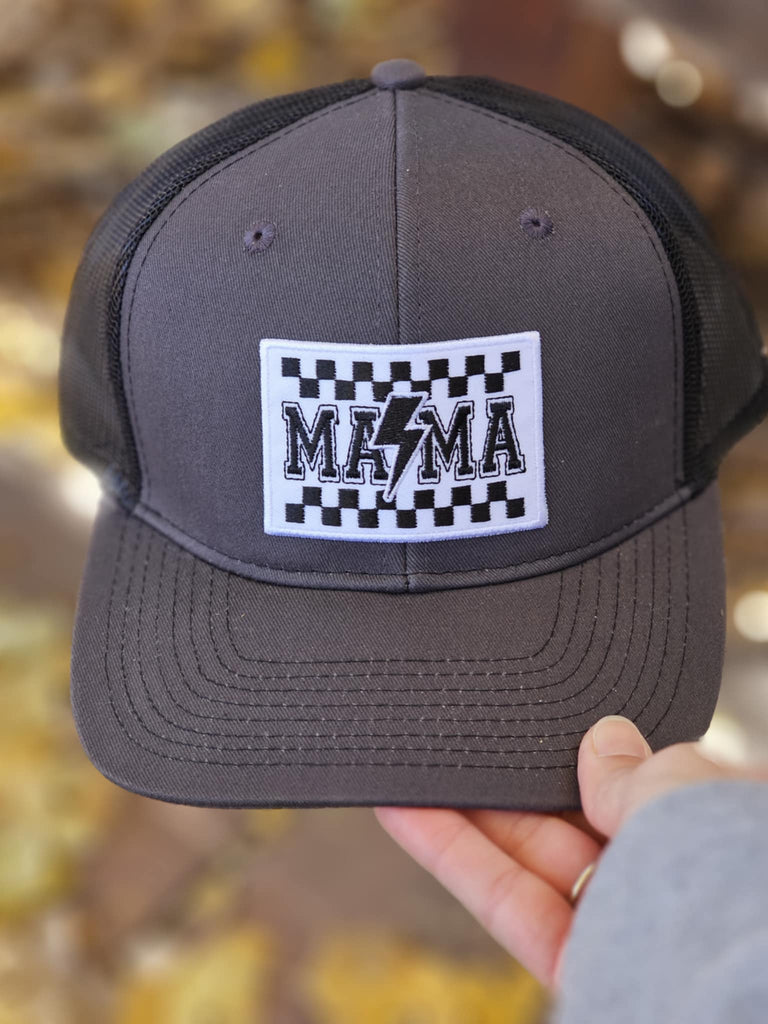 Checkered Mama Patch Grey Trucker Hat patch trucker hat The Cinchy Cowgirl