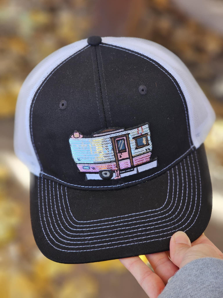 Retro Camper Patch Black And White Trucker Hat patch trucker hat The Cinchy Cowgirl