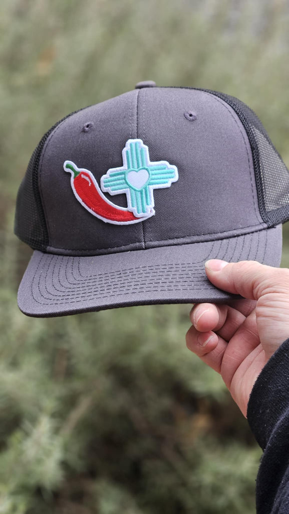 Red Chile And Turquoise Zia Patch Grey Trucker Hat patch trucker hat The Cinchy Cowgirl