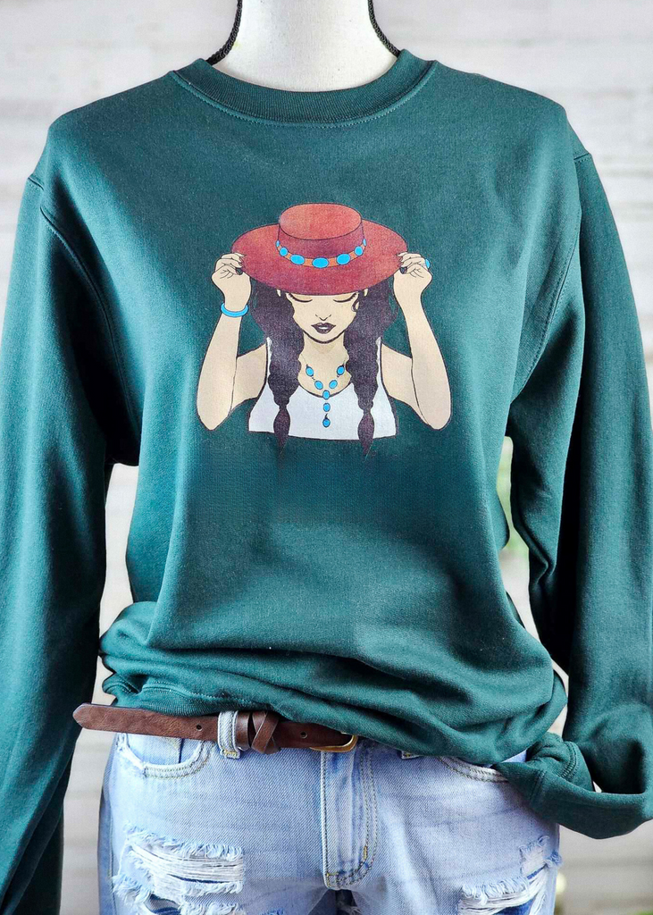 Forest Green Boho Cowgirl Pullover Sweatshirt Pullover The Cinchy Cowgirl   