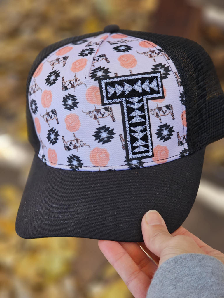 Longhorn Aztec With Letter T Patch Snapback Pink Trucker Hat trucker cap The Cinchy Cowgirl