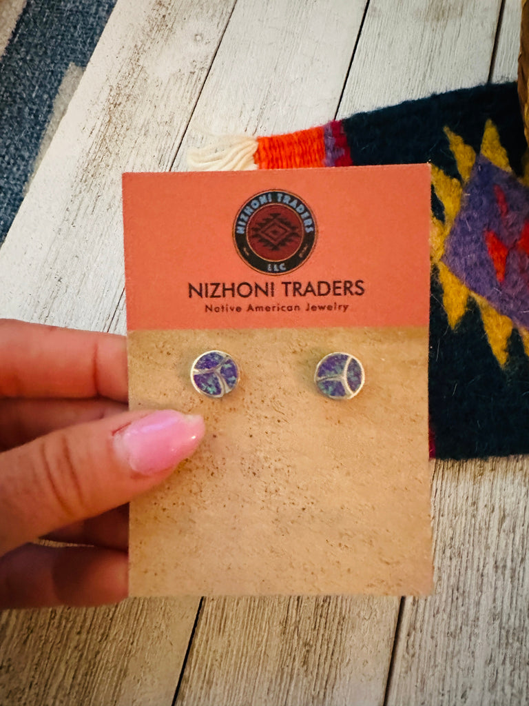 Zuni Purple Opal & Sterling Silver Inlay Stud Earrings NT jewelry Nizhoni Traders LLC   